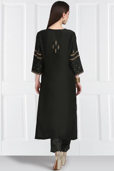 Label Earthen Black Embroidered Silk Chanderi Kurta Set For Kids