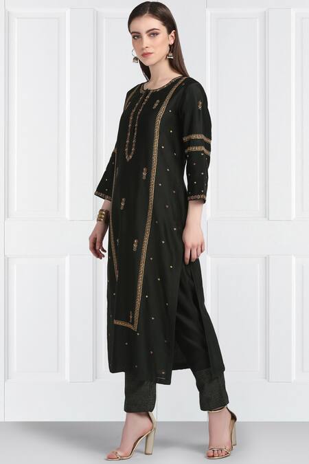 Label Earthen_Black Silk, Chanderi, Organza Embroidery, Sequins Kurta Set For Kids_Online_at_Aza_Fashions