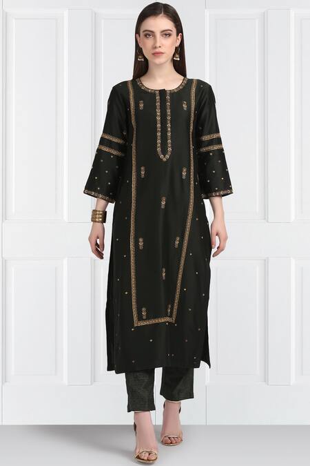 Buy_Label Earthen_Black Silk, Chanderi, Organza Embroidery, Sequins Kurta Set For Kids_Online_at_Aza_Fashions