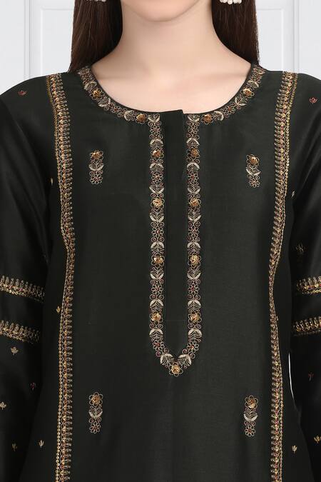 Label Earthen_Black Silk, Chanderi, Organza Embroidery, Sequins Kurta Set For Kids_at_Aza_Fashions