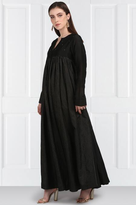 Label Earthen_Black Silk, Chanderi Embroidery Flared Maxi Dress For Kids_Online_at_Aza_Fashions