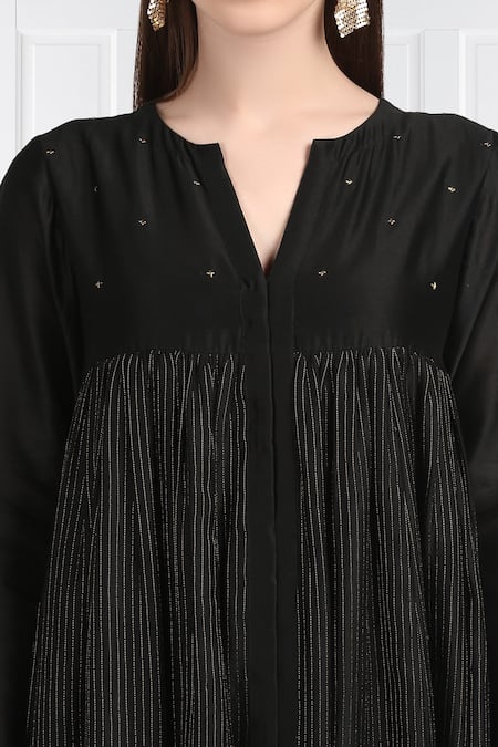 Buy_Label Earthen_Black Silk, Chanderi Embroidery Flared Maxi Dress For Kids_Online_at_Aza_Fashions