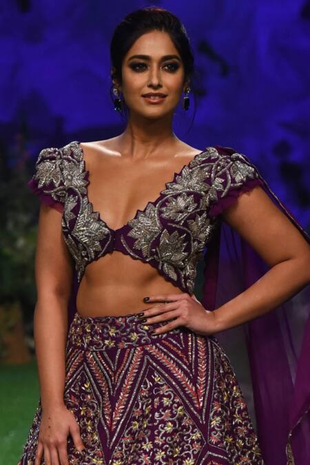 Mrunalini Rao_Purple Lehenga And Blouse Raw Silkdupatta Organza V Embroidered Bridal Set_Online_at_Aza_Fashions