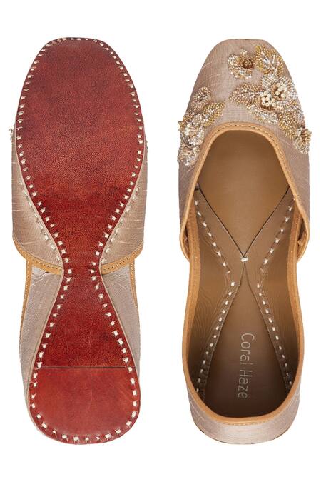 Shop_Coral Haze_Gold Embellishment Silk Juttis_at_Aza_Fashions