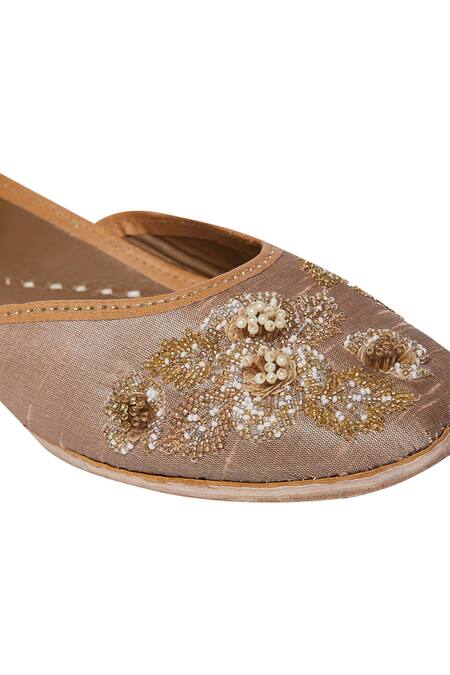 Coral Haze_Gold Embellishment Silk Juttis_at_Aza_Fashions