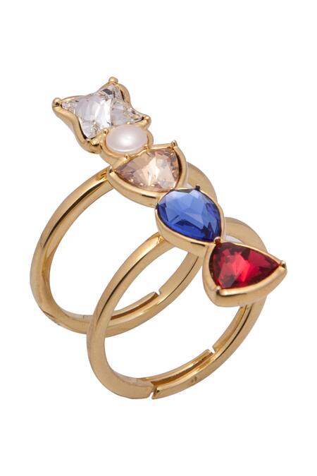 Confluence Multi Color Swarovski Crystals Embellished Double Finger Ring