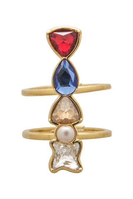 Shop Confluence Multi Color Swarovski Crystals Embellished Double Finger Ring at Aza Fashions Shop_Confluence_Multi Color Swarovski Crystals Embellished Double Finger Ring_at_Aza_Fashions