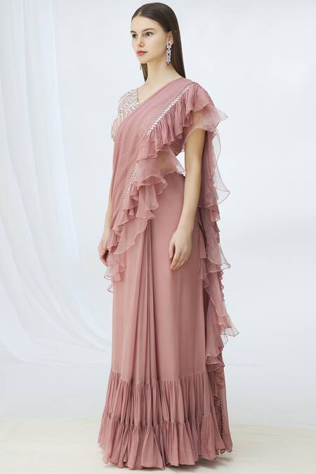 Chhavvi Aggarwal_Purple Organza, Georgette V Neck Ruffle Saree With Blouse_Online_at_Aza_Fashions