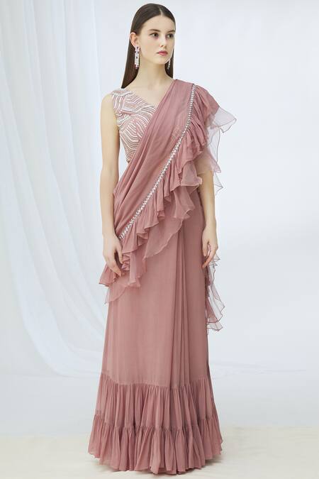 Buy_Chhavvi Aggarwal_Purple Organza, Georgette V Neck Ruffle Saree With Blouse_Online_at_Aza_Fashions