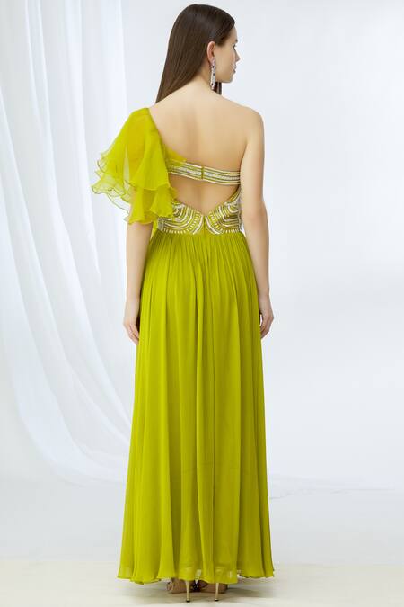 Shop Chhavvi Aggarwal Green Georgette Sweetheart Neck Embellished Anarkali at Aza Fashions Shop_Chhavvi Aggarwal_Green Georgette Sweetheart Neck Embellished Anarkali_at_Aza_Fashions