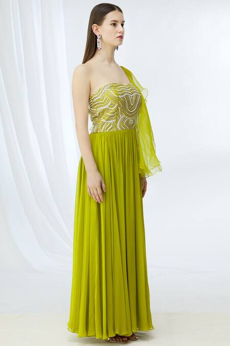 Chhavvi Aggarwal Green Georgette Sweetheart Neck Embellished Anarkali Online at Aza Fashions Chhavvi Aggarwal_Green Georgette Sweetheart Neck Embellished Anarkali_Online_at_Aza_Fashions