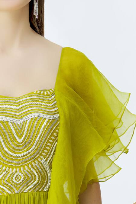 Chhavvi Aggarwal Green Georgette Sweetheart Neck Embellished Anarkali at Aza Fashions Chhavvi Aggarwal_Green Georgette Sweetheart Neck Embellished Anarkali_at_Aza_Fashions