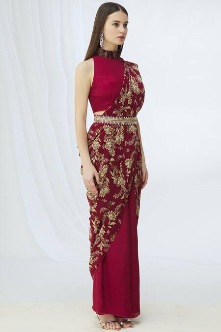 Chhavvi Aggarwal_Maroon Crepe High Printed Pre-draped Pant Saree_Online_at_Aza_Fashions