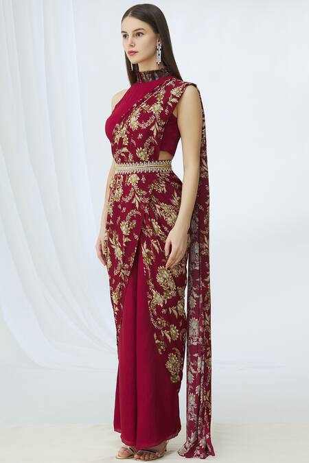 Buy_Chhavvi Aggarwal_Maroon Crepe High Printed Pre-draped Pant Saree_Online_at_Aza_Fashions
