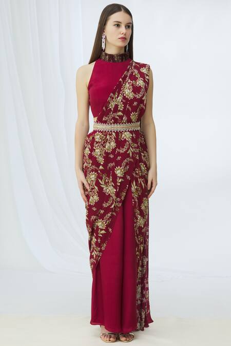 Shop_Chhavvi Aggarwal_Maroon Crepe High Printed Pre-draped Pant Saree_Online_at_Aza_Fashions