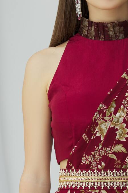 Chhavvi Aggarwal_Maroon Crepe High Printed Pre-draped Pant Saree_at_Aza_Fashions