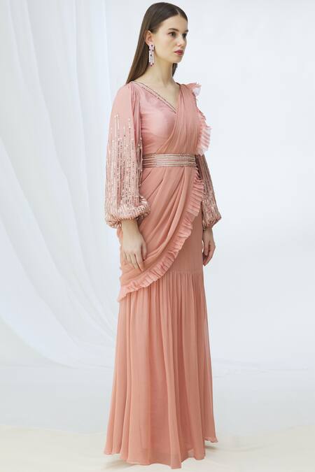 Chhavvi Aggarwal_Pink Silk, Georgette V Neck Embellished Pre-draped Saree_Online_at_Aza_Fashions