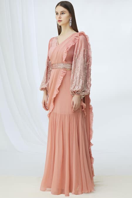 Buy_Chhavvi Aggarwal_Pink Silk, Georgette V Neck Embellished Pre-draped Saree_Online_at_Aza_Fashions