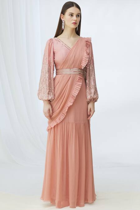 Shop_Chhavvi Aggarwal_Pink Silk, Georgette V Neck Embellished Pre-draped Saree_Online_at_Aza_Fashions