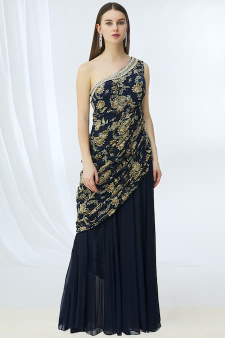 Chhavvi Aggarwal Blue Crepe Asymmetric Printed Saree Gown