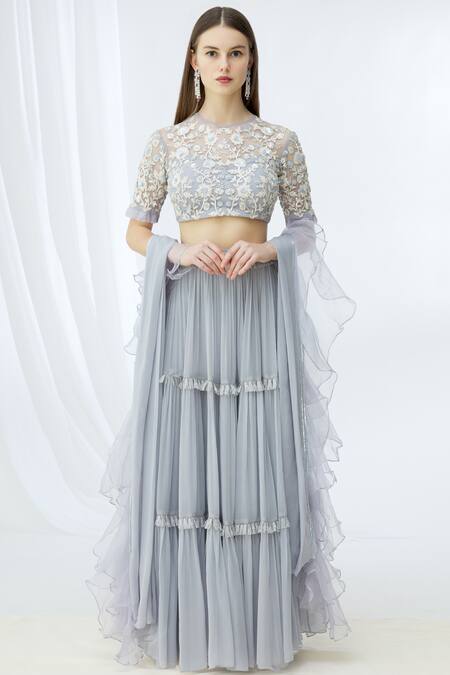 Chhavvi Aggarwal_Grey Organza, Georgette Round Tiered Lehenga Set_Online_at_Aza_Fashions
