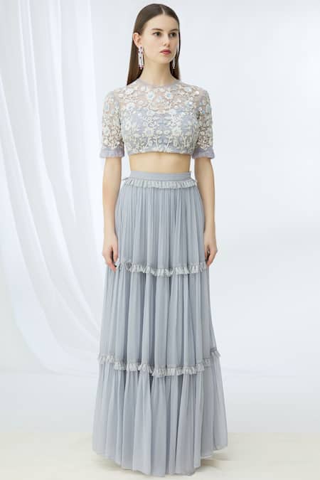 Buy_Chhavvi Aggarwal_Grey Organza, Georgette Round Tiered Lehenga Set_Online_at_Aza_Fashions