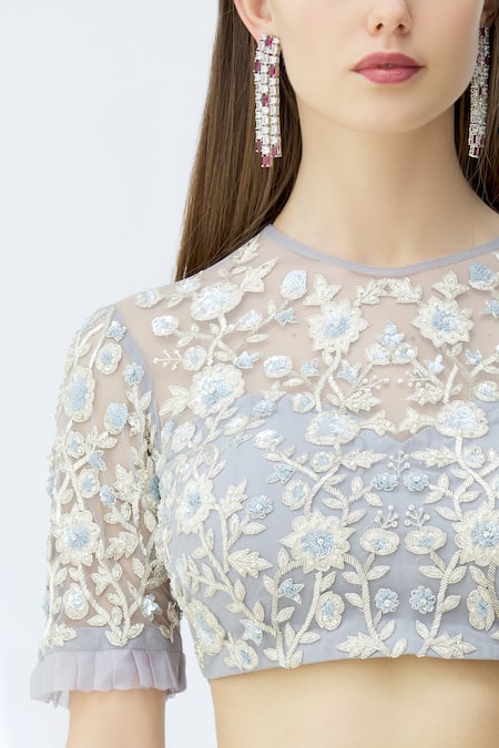 Chhavvi Aggarwal_Grey Organza, Georgette Round Tiered Lehenga Set_at_Aza_Fashions