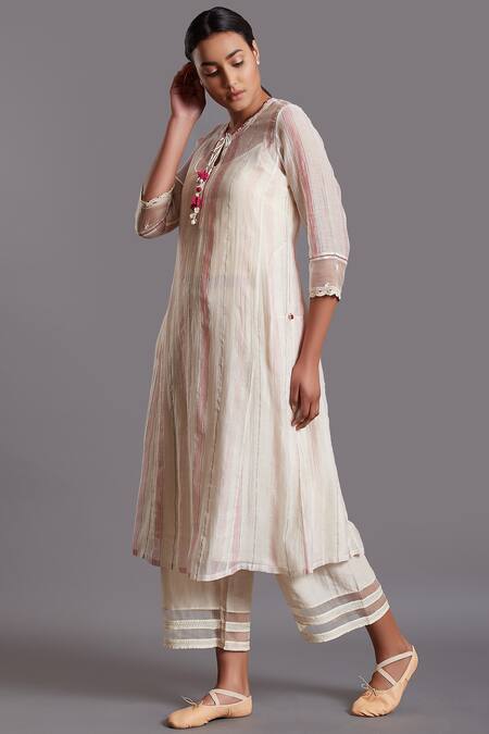 Shades Of India_White Silk Cotton Striped Kurta_Online_at_Aza_Fashions