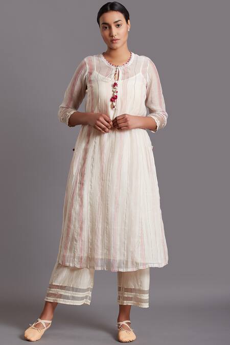 Buy_Shades Of India_White Silk Cotton Striped Kurta_Online_at_Aza_Fashions