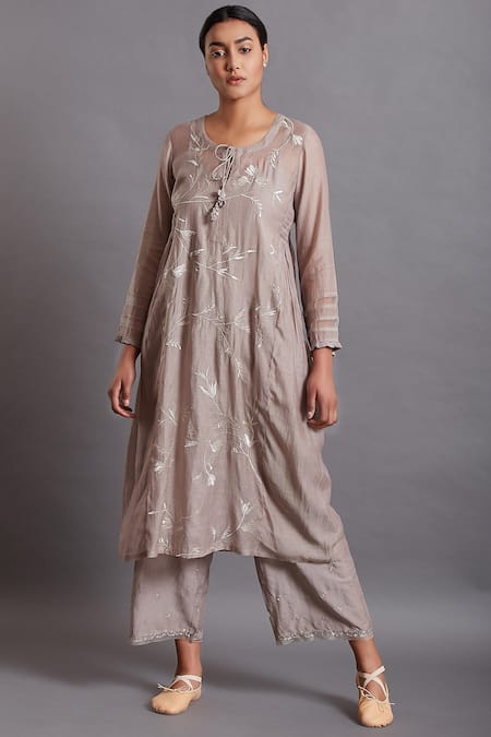 Shades of India Grey Cotton Silk Embroidered Straight Kurta