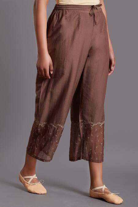 Shades Of India_Brown Silk Cotton Cropped Pants_Online_at_Aza_Fashions