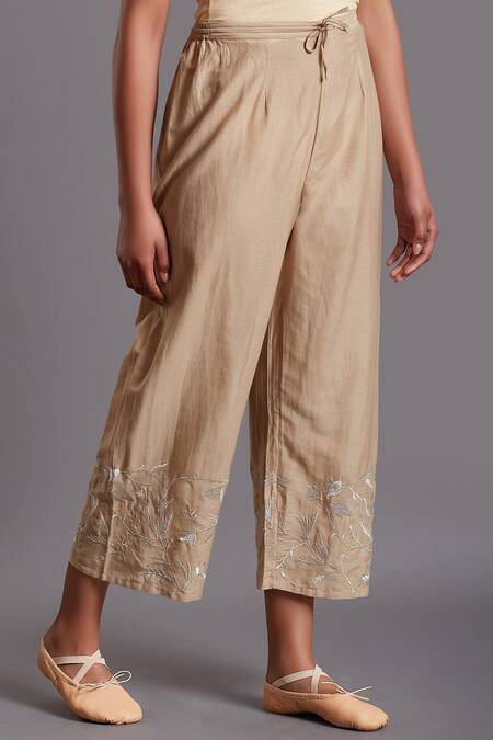 Shades Of India_Brown Silk Cotton Cropped Pants_Online_at_Aza_Fashions