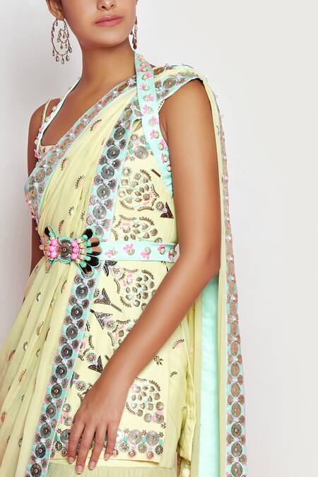 Papa Dont Preach_Yellow Crepe Embellished Pre-draped Saree Set_at_Aza_Fashions