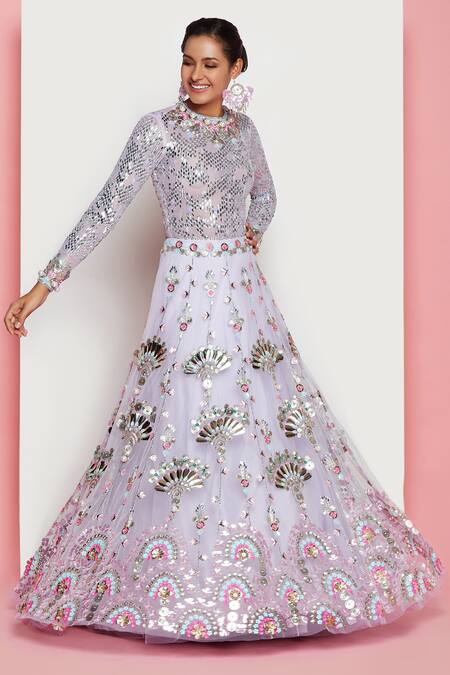 Papa Dont Preach_Purple Tulle Sequin Round Floral Motif Embroidered Bridal Lehenga Set_Online_at_Aza_Fashions