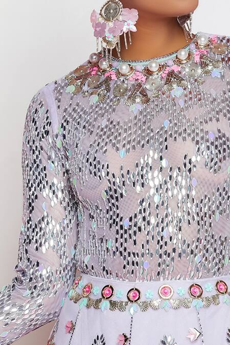 Buy_Papa Dont Preach_Purple Tulle Sequin Round Floral Motif Embroidered Bridal Lehenga Set_Online_at_Aza_Fashions