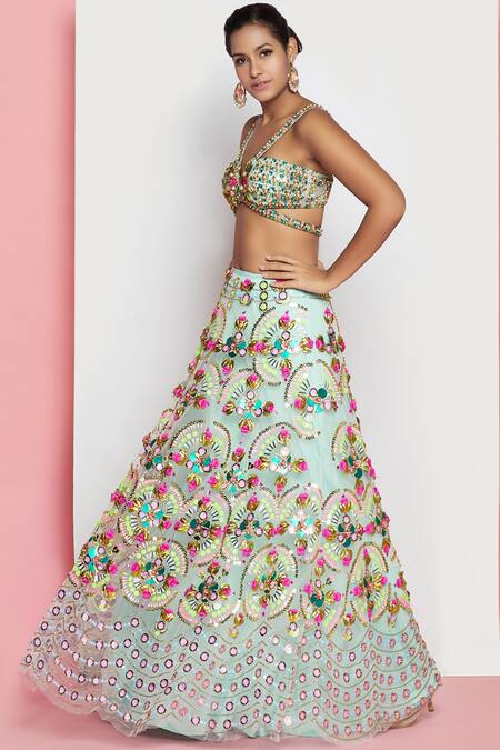 Papa Dont Preach_Green Tulle Sequin V Embellished Bridal Lehenga Set_Online_at_Aza_Fashions