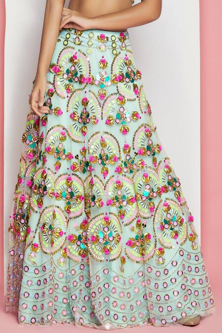 Buy_Papa Dont Preach_Green Tulle Sequin V Embellished Bridal Lehenga Set_Online_at_Aza_Fashions
