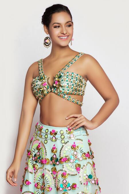 Shop_Papa Dont Preach_Green Tulle Sequin V Embellished Bridal Lehenga Set_Online_at_Aza_Fashions