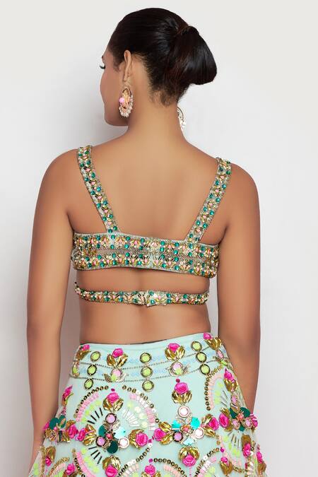 Papa Dont Preach_Green Tulle Sequin V Embellished Bridal Lehenga Set_at_Aza_Fashions