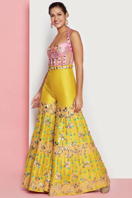 Papa Dont Preach_Yellow Raw Silk Embellished Sharara Jumpsuit_Online_at_Aza_Fashions