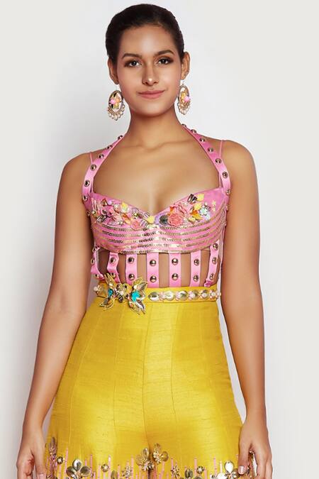 Buy_Papa Dont Preach_Yellow Raw Silk Embellished Sharara Jumpsuit_Online_at_Aza_Fashions