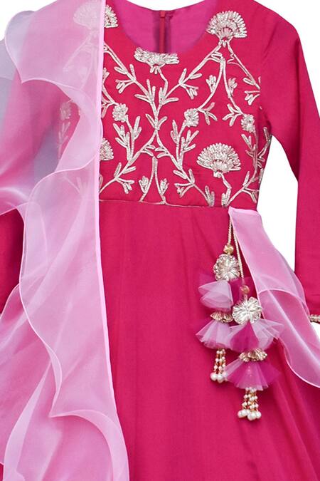 Fayon Kids_Pink Cotton, Organza, Gingham Tassels, Embellished Anarkali With Dupatta _Online_at_Aza_Fashions