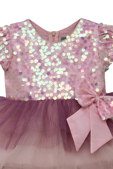 Fayon Kids_Pink Silk Sequins, Ribbons Embellished Flared Dress _Online_at_Aza_Fashions