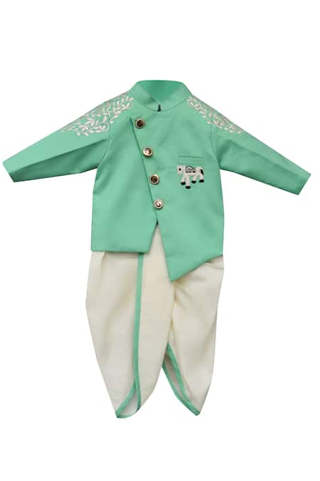 Fayon Kids Green Cotton, Silk Embroidery Dhoti Pant Set