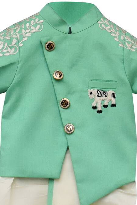 Fayon Kids_Green Cotton, Silk Embroidery Dhoti Pant Set _Online_at_Aza_Fashions