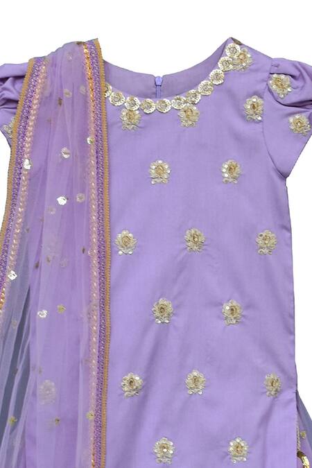 Fayon Kids_Purple , Satin, Net Embroidery, Sequins Silk Sharara Set_Online_at_Aza_Fashions