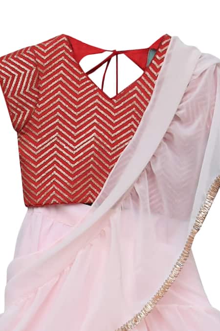 Fayon Kids_Red Cotton, Georgette, Silk Sequins, Foil Printing Embellished Lehenga Saree _Online_at_Aza_Fashions