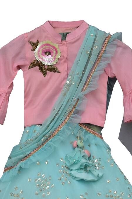 Fayon Kids_Blue Cotton Silk Lehenga Saree _Online_at_Aza_Fashions