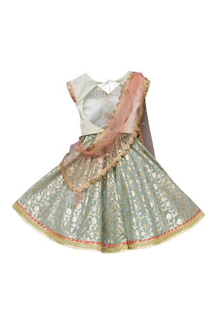 Shop Fayon Kids Blue Chanderi, Satin Embroidery, Sequins, Tassels Lehenga Set at Aza Fashions Shop_Fayon Kids_Blue Chanderi, Satin Embroidery, Sequins, Tassels Lehenga Set _at_Aza_Fashions