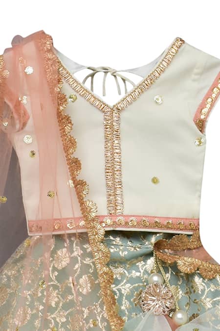 Fayon Kids Blue Chanderi, Satin Embroidery, Sequins, Tassels Lehenga Set Online at Aza Fashions Fayon Kids_Blue Chanderi, Satin Embroidery, Sequins, Tassels Lehenga Set _Online_at_Aza_Fashions